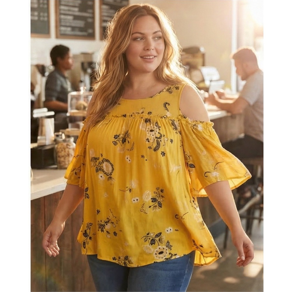 Torrid 2 Mustard Yellow Floral Cold Shoulder Ruffle Blouse Top 2X Romantic Flirt